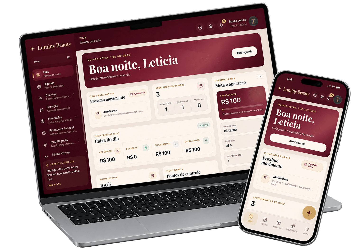 Painel da Luminy aberto em um notebook e em um celular, com agenda, atendimentos e resumo financeiro